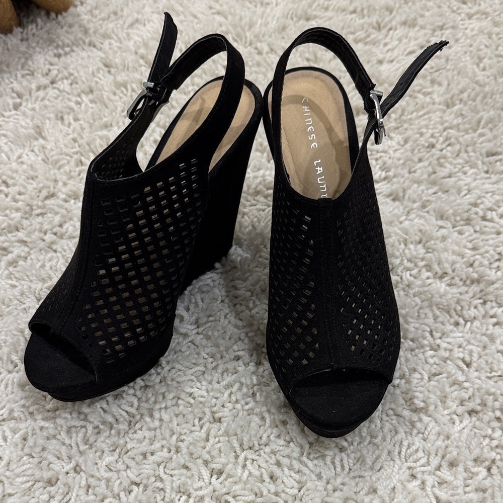 Chinese Laundry Black Peep-Toe Wedges